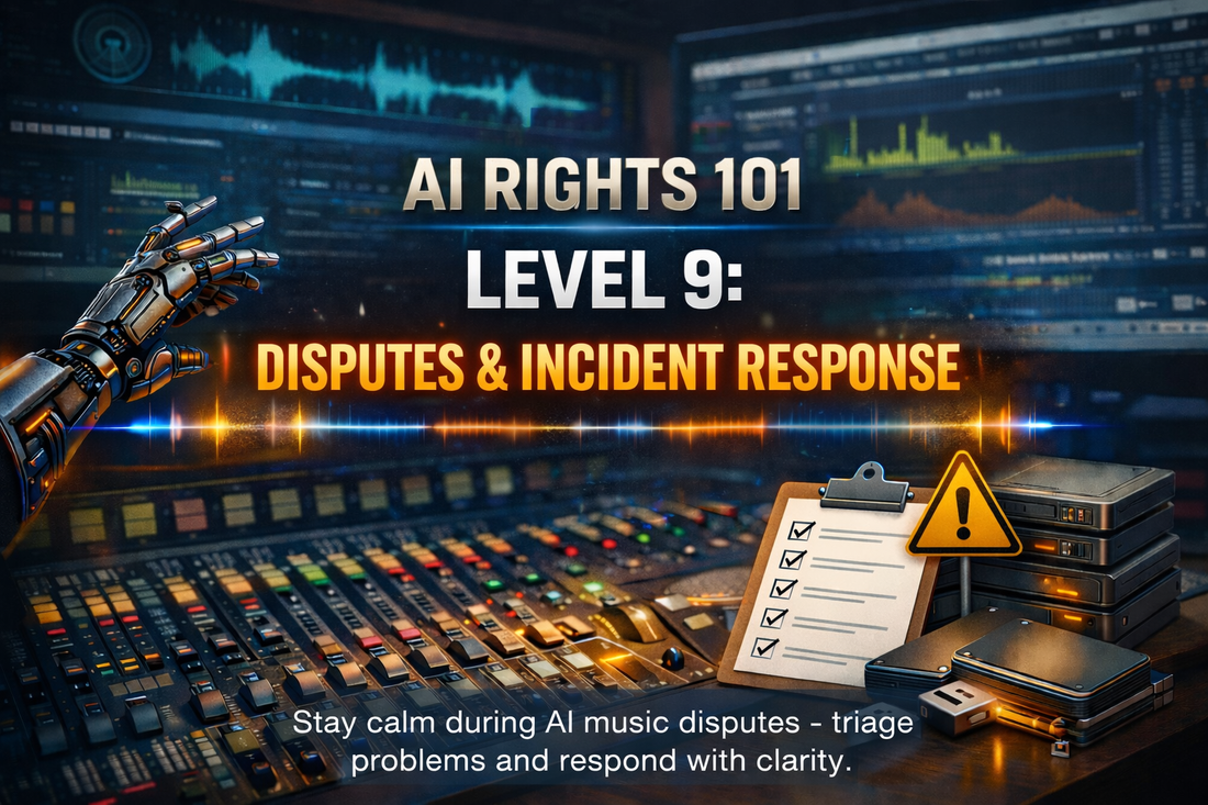 AI RIGHTS 101 Level 9 cover showing AI music dispute response theme with studio console and warning icon