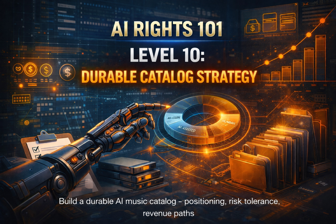 AI RIGHTS 101 Level 10 cover showing durable AI music catalog strategy with robotic hand and growth analytics dashboard