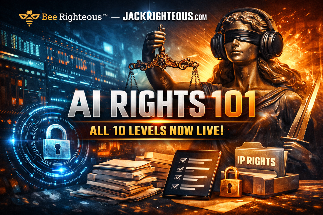 AI Rights 101 cover with JR branding, Lady Justice, AI studio visuals, and lock icon – all 10 levels now live