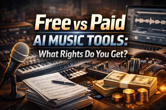 Studio desk with microphone, sheet music and cash under headline “Free vs Paid AI Music Tools: What Rights Do You Get?”