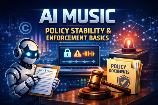 AI music policy stability and enforcement basics cover with compliance documents, gavel, and security dashboard visuals