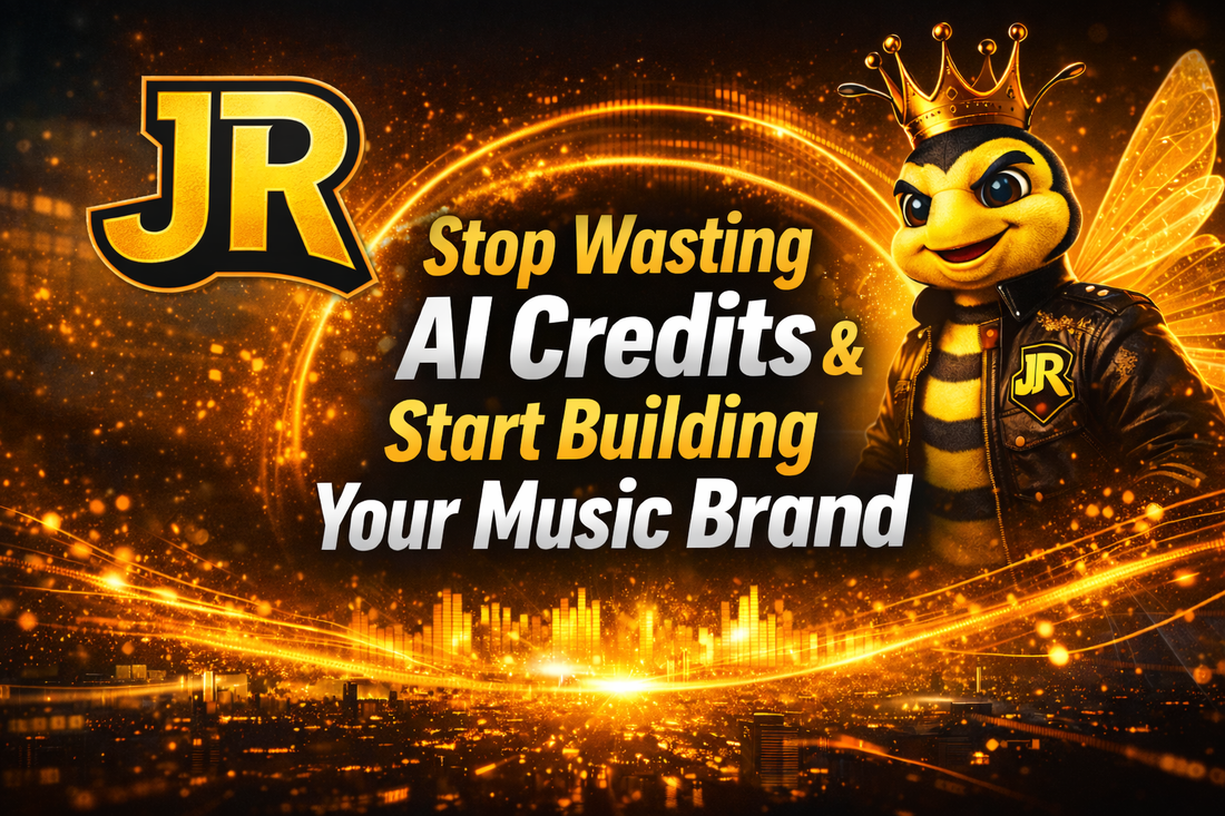 JR logo and Bee mascot banner with bold title about stopping AI credit waste and building a scalable music brand.