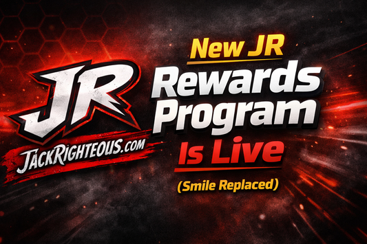 New JR Rewards Program banner for JackRighteous.com featuring stylized JR logo and announcement that Smile loyalty was replaced with a new rewards dashboard.