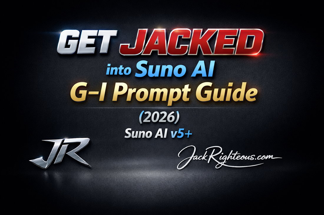 GET JACKED into Suno AI G–I Prompt Guide (2026) cover with stylized JR logo and JackRighteous.com branding
