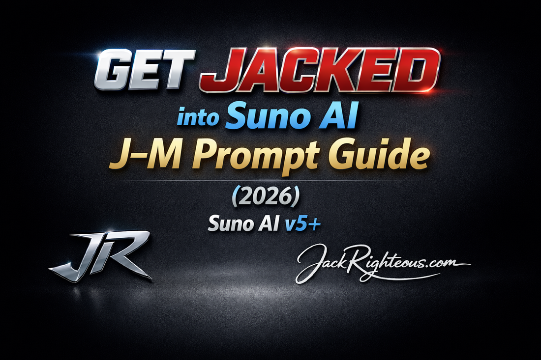 GET JACKED into Suno AI J–M Prompt Guide (2026) cover with stylized JR logo and JackRighteous.com branding