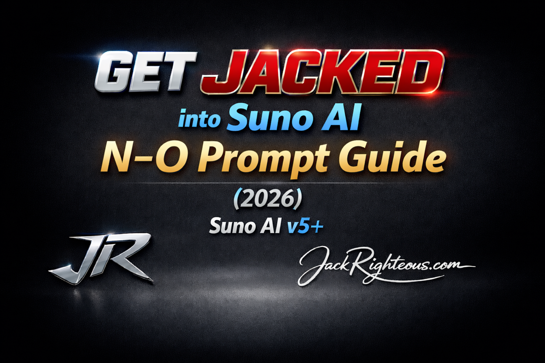 GET JACKED into Suno AI N–O Prompt Guide (2026) cover with stylized JR logo and JackRighteous.com branding
