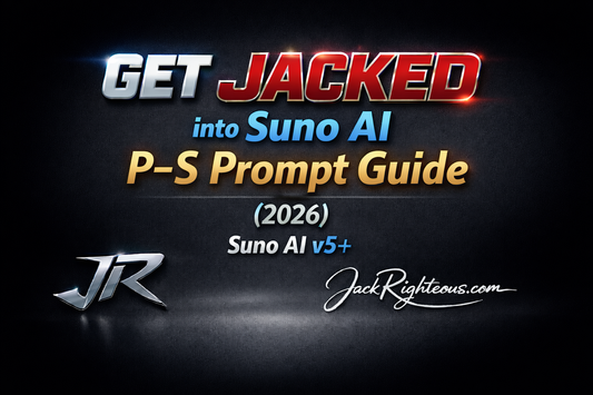 GET JACKED into Suno AI P–S Prompt Guide (2026) cover with stylized JR logo and JackRighteous.com branding