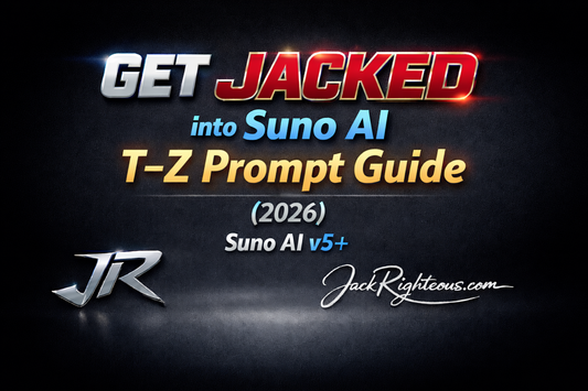 GET JACKED into Suno AI T–Z Prompt Guide (2026) cover with stylized JR logo and JackRighteous.com branding