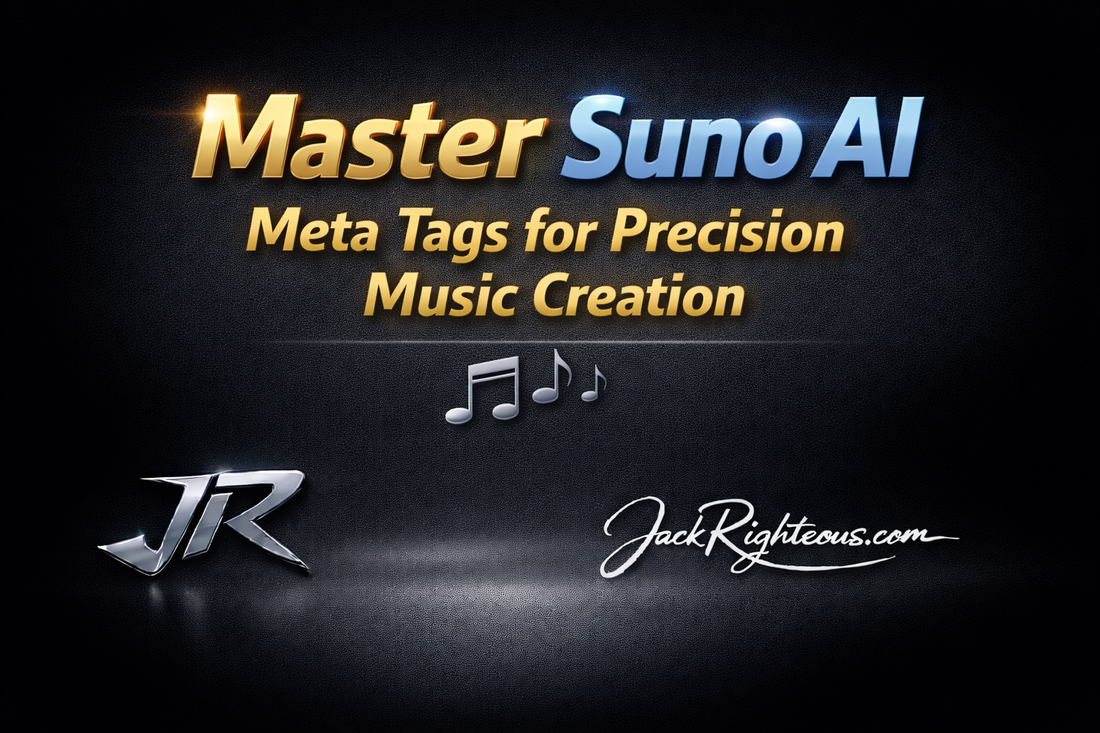 Master Suno AI Meta Tags for Precision Music Creation cover with stylized JR logo and JackRighteous.com branding