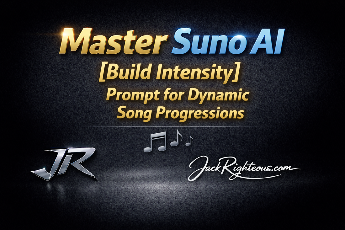 Master Suno AI [Build Intensity] Prompt for Dynamic Song Progressions cover with stylized JR logo and JackRighteous.com branding