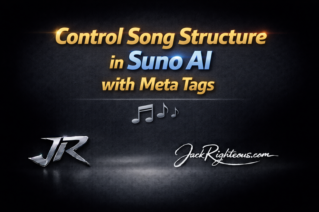 Control Song Structure in Suno AI with Meta Tags cover with stylized JR logo and JackRighteous.com branding