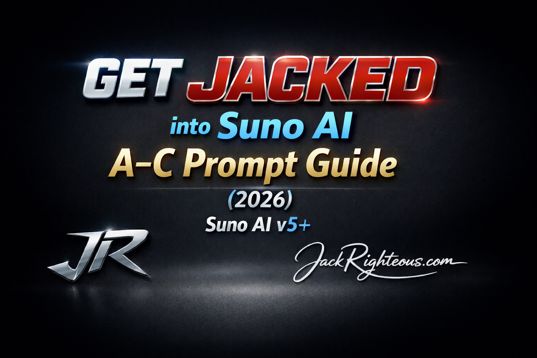 GET JACKED into Suno AI: A–C Prompt Guide (2026) cover with JR branding and JackRighteous.com