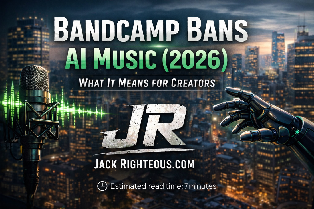 Bandcamp bans AI music 2026 cover with JR logo, JackRighteous.com, mic, skyline background, 7-minute read time