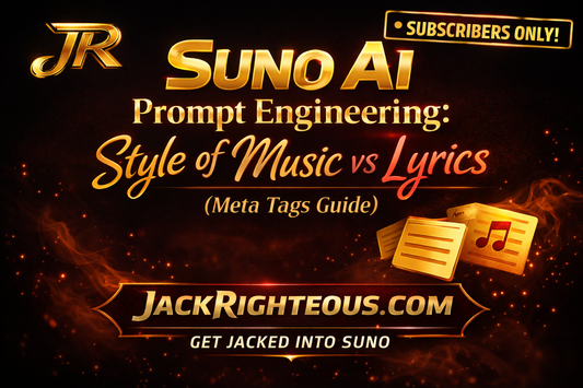 Suno AI Prompt Engineering guide cover: Style of Music vs Lyrics meta tags, subscribers-only resource by JackRighteous.com