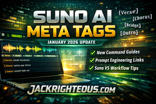 “Suno AI Meta Tags January 2026 update banner for JackRighteous.com with command guides, prompt links, and Suno V5 workflow tips.