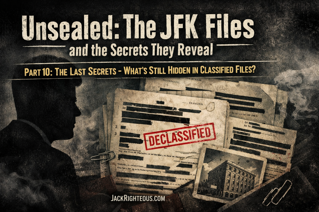 JFK Files Part 10 cover: sealed classified documents, CIA and FBI secrecy, unanswered questions in the assassination record