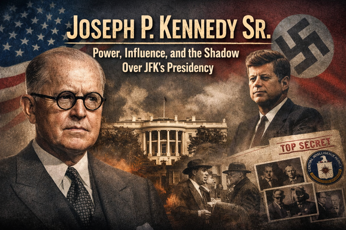 Joseph P. Kennedy Sr. cover image showing JFK, the White House, intelligence “Top Secret” files, and organized crime figures, themed around power and hidden influence over JFK’s presidency.