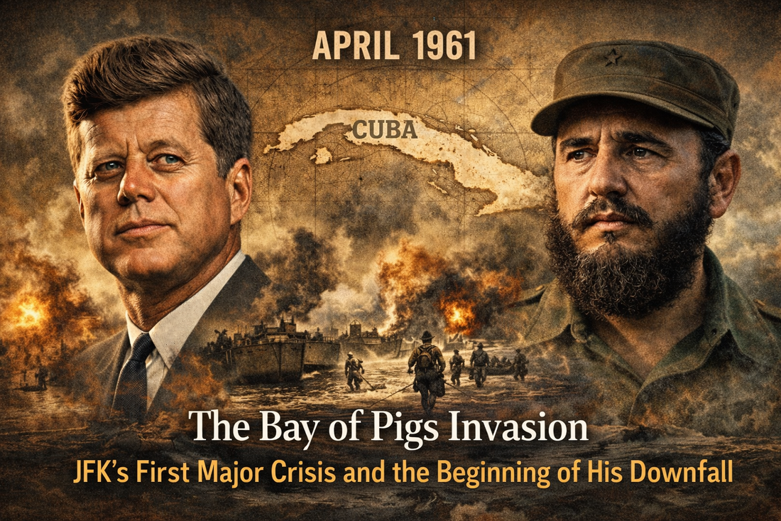 Bay of Pigs invasion cover featuring JFK and Fidel Castro over Cuba map, April 1961 crisis scene