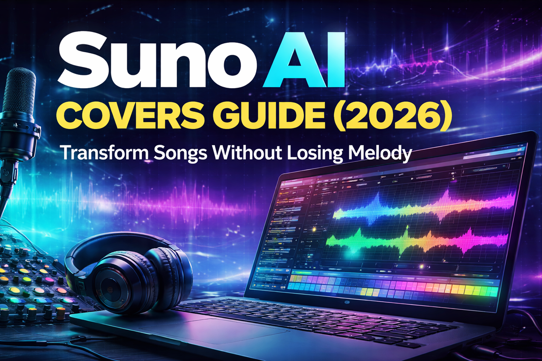 16:9 cover image for Suno AI Covers Guide 2026 showing waveform transformation across genres, clean studio design, JR branding