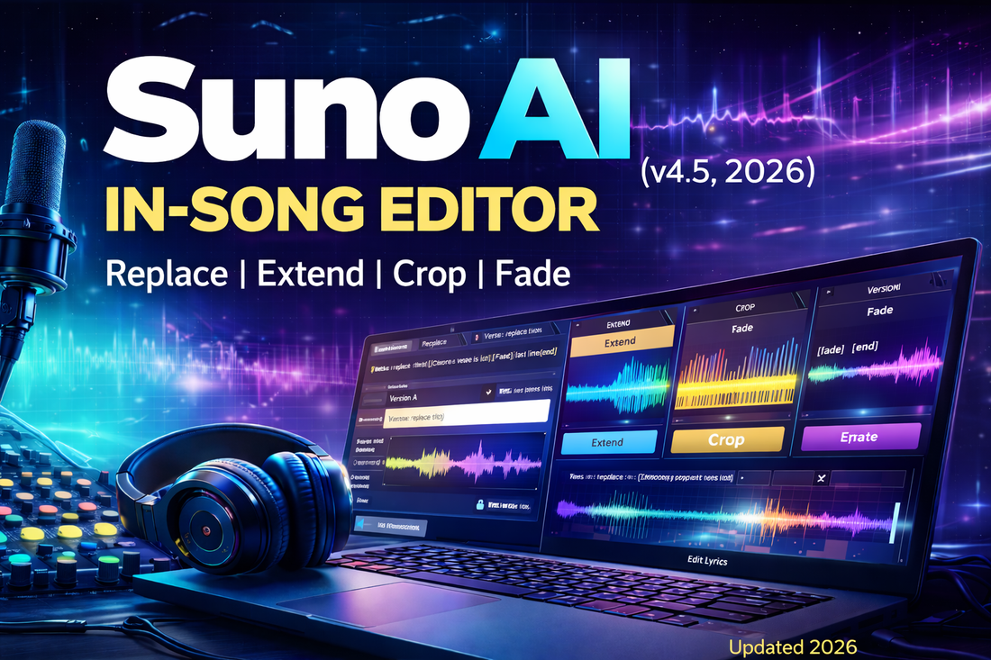 Suno AI in-song editor guide cover showing Replace, Extend, Crop, and Fade tools in a modern studio interface with JR branding