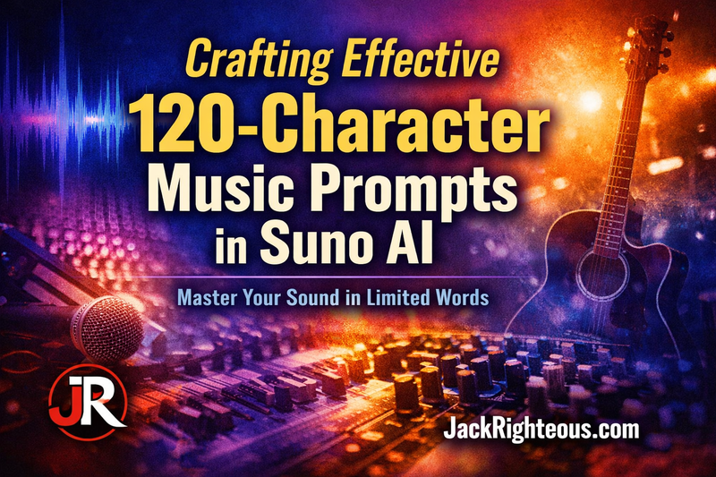 Cover image for Suno AI 120-character prompt guide, featuring bold title text, JR branding, and JackRighteous.com in 16:9 format.