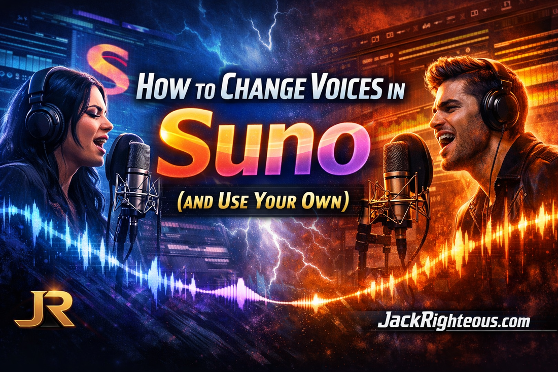 How to Change Voices in Suno (and Use Your Own) cover image with male and female vocalists, waveform visuals, JR branding, and JackRighteous.com