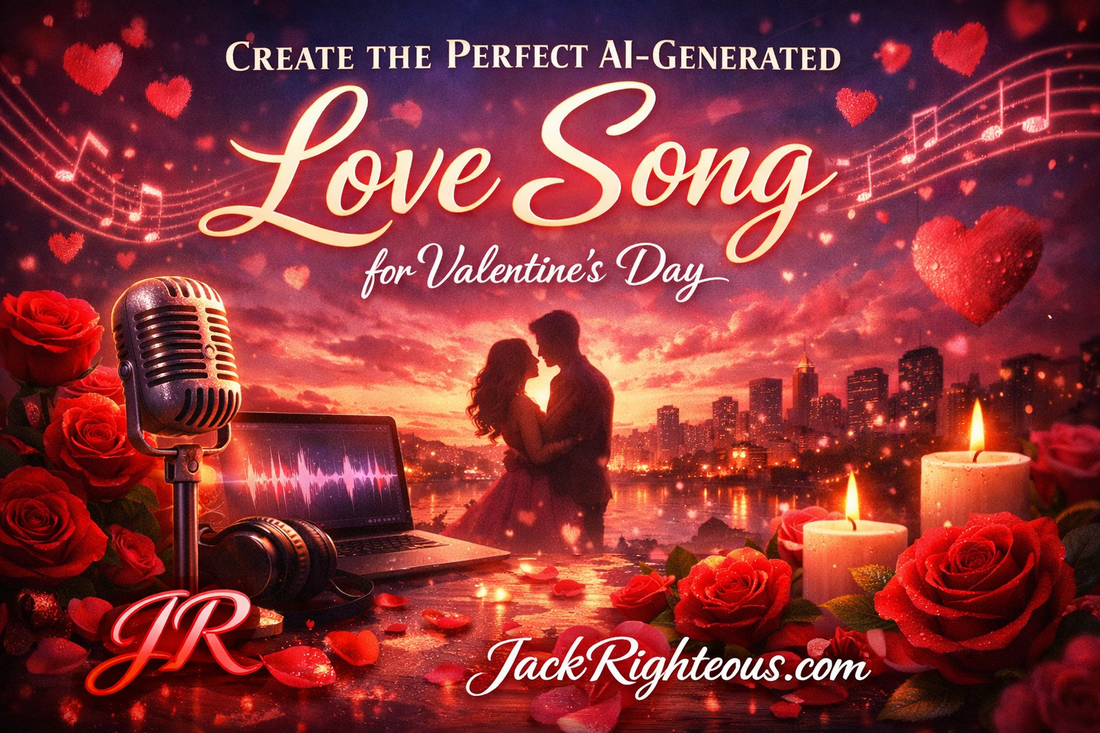 AI-generated Valentine love song cover with romantic couple, roses, music elements, stylized JR logo and JackRighteous.com branding