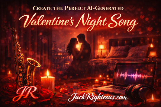 AI-generated Valentine’s Night music cover with moody lighting, abstract sound waves, deep red tones, stylized JR logo and JackRighteous.com branding