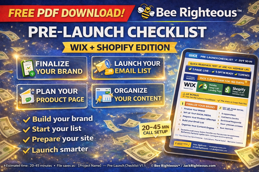 A 16:9 splash cover promoting the free Bee Righteous Pre-Launch Checklist for creators preparing a Wix or Shopify website launch.