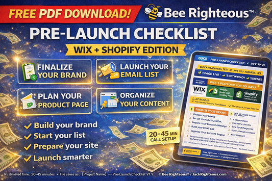 A 16:9 splash cover promoting the free Bee Righteous Pre-Launch Checklist for creators preparing a Wix or Shopify website launch.
