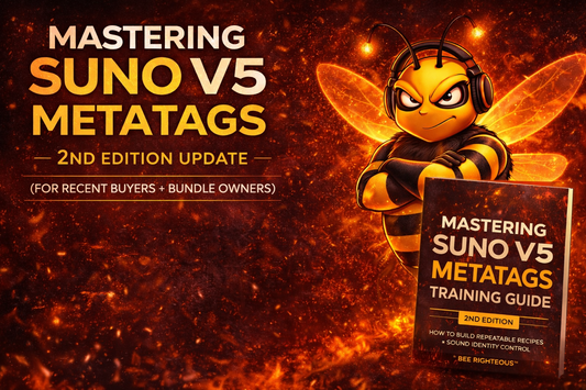 Mastering Suno V5 MetaTags 2nd Edition Update cover image with Bee Righteous mascot promoting updated training guide for recent buyers and Bee Righteous bundle owners