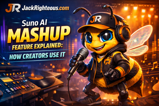 Suno AI Mashup feature explained with JR branding, JackRighteous.com, and Bee Righteous mascot for AI music creators.