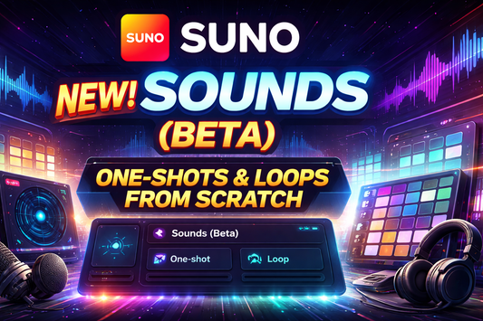 Suno Sounds Beta announcement graphic showing AI-generated sound effects and loops for creators, January 2026 update