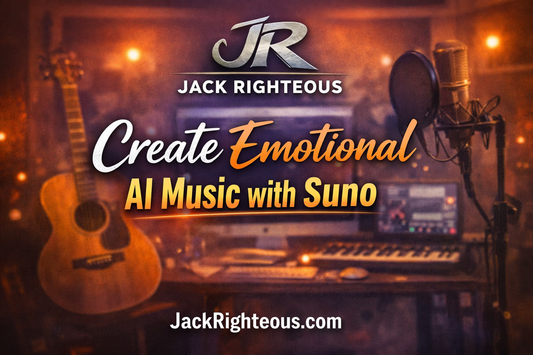 Create emotional AI music with Suno featured image by Jack Righteous showing studio setup and JR branding
