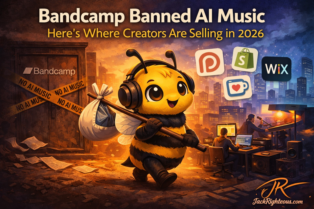 Bee mascot leaving Bandcamp after AI music ban, showing creators moving to AI-friendly platforms in 2026