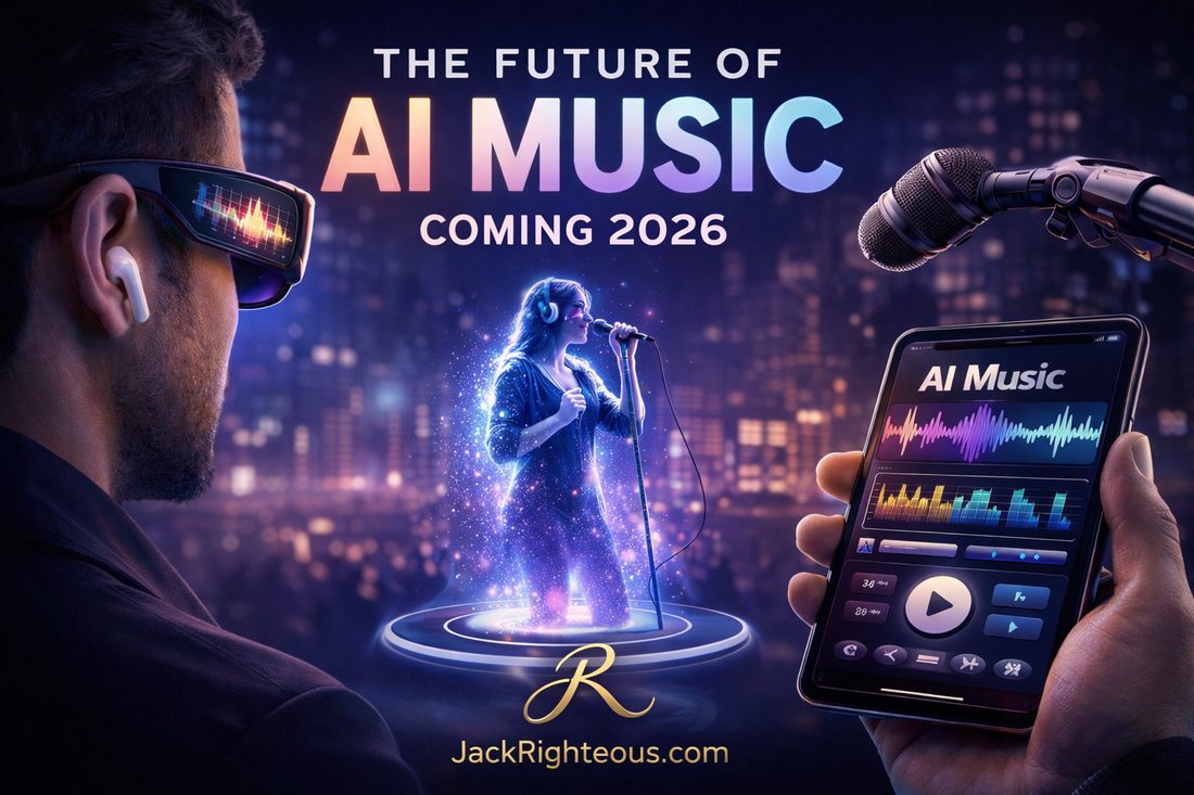 Future of AI music creation in 2026 with smart glasses, holographic performer, and digital music tools