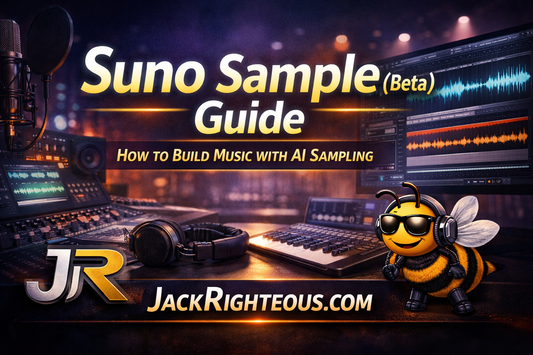 Suno Sample Beta guide cover showing modern music studio, audio waveforms, JR logo, bee mascot, and JackRighteous.com branding