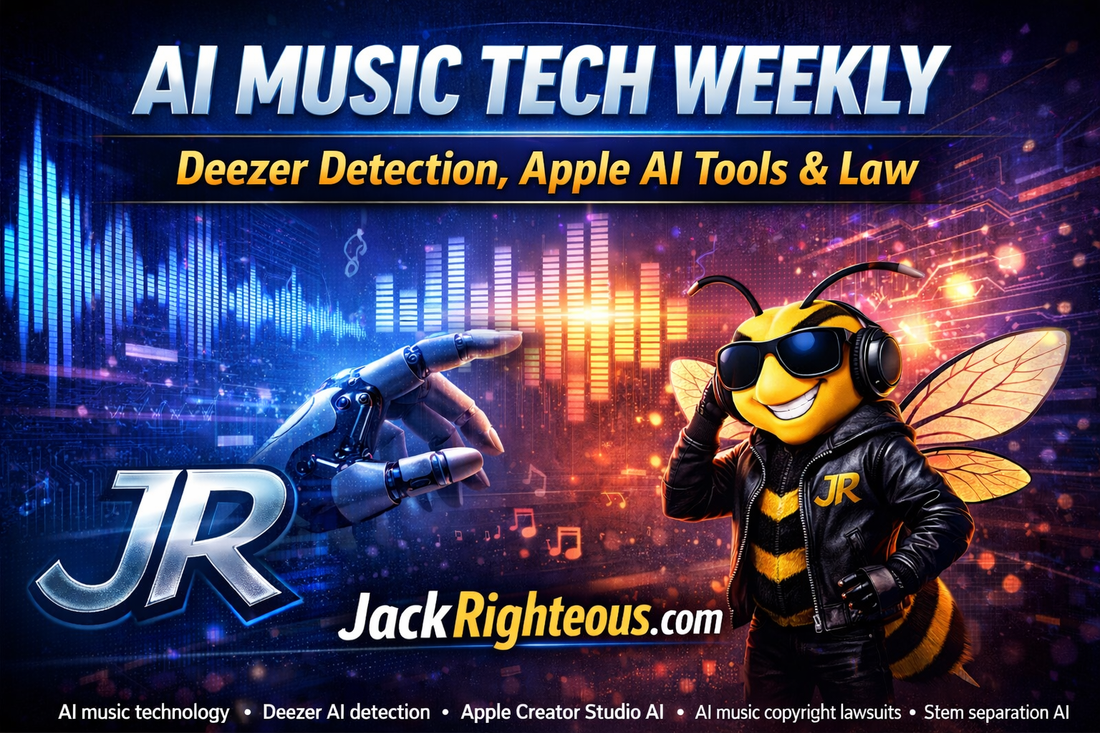 AI music tech weekly cover showing Deezer AI detection, Apple AI tools, copyright themes, Bee Righteous mascot and JackRighteous.com branding