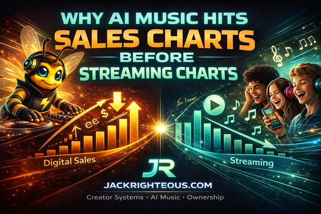 Bee Righteous DJ mascot and music fans illustrate why AI music reaches digital sales charts before streaming charts, JackRighteous.com