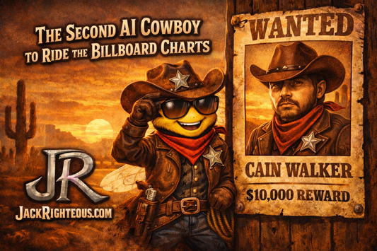 Cain Walker AI country artist wanted poster with Bee Righteous bee sheriff, JR branding, JackRighteous.com, Billboard AI cowboy theme