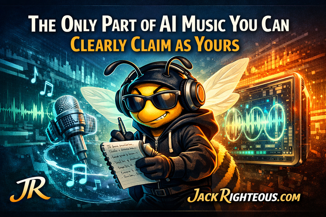 Bee Righteous mascot with AI music theme illustrating lyric ownership and human authorship in AI-generated songs