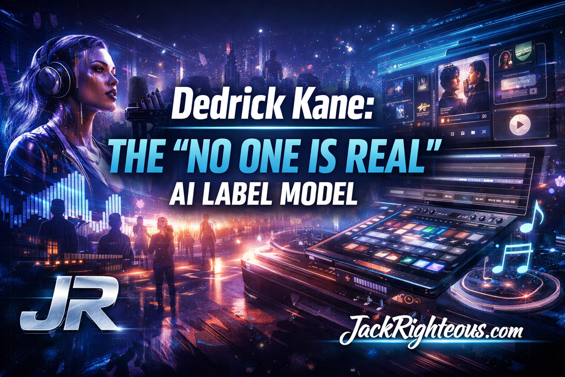 Dedrick Kane AI label model cover showing virtual artists, album-scale output, and the “No One Is Real” AI music system in 2026
