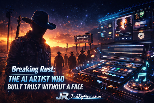 Breaking Rust AI artist cover with faceless outlaw imagery, stylized JR logo, JackRighteous.com branding, and AI country music theme