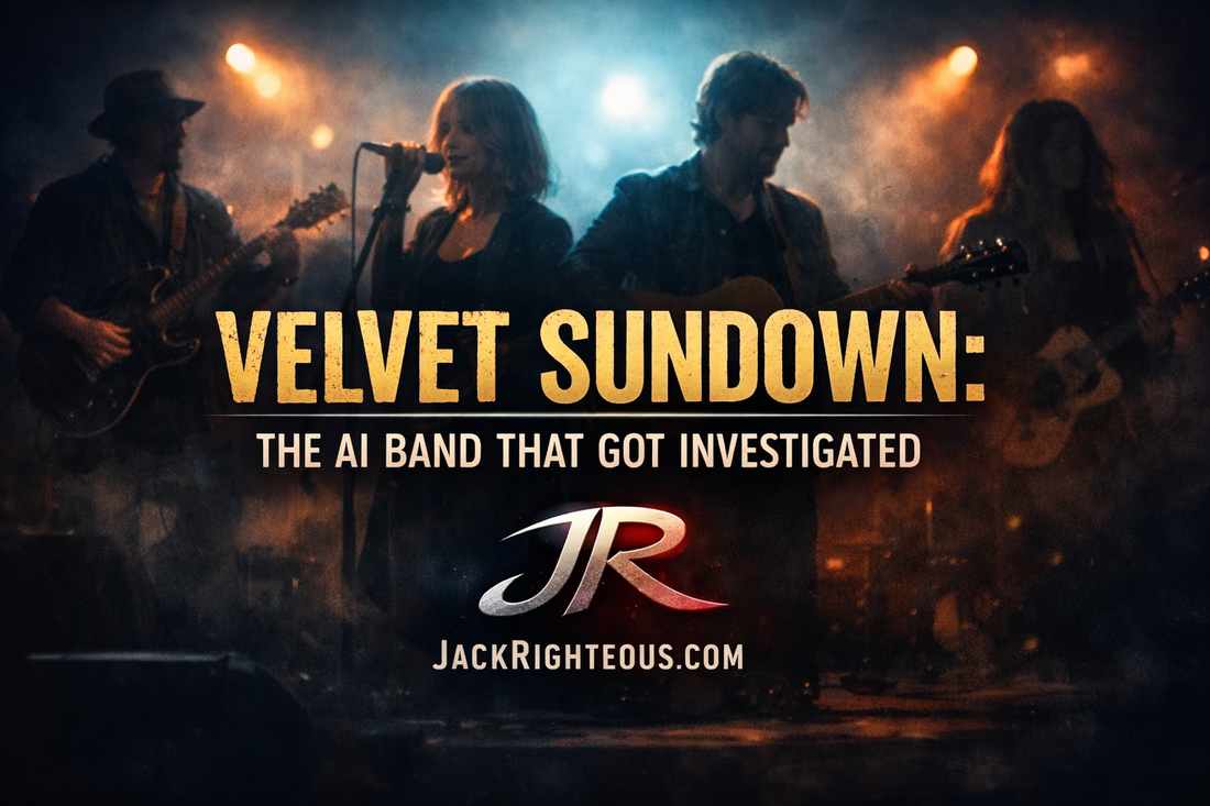 Velvet Sundown AI band cover with investigation-themed stage imagery, SEO title text, stylized JR logo, and JackRighteous.com branding