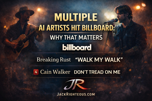 Cover image showing Breaking Rust and Cain Walker as AI country artists on Billboard, with JR branding and JackRighteous.com title text