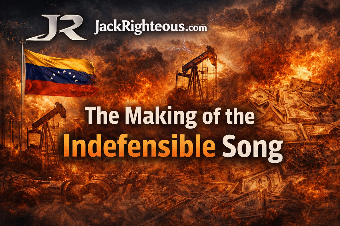 Making of the Indefensible song cover with JR branding and JackRighteous.com, showing research-to-song workflow for Suno AI creators.