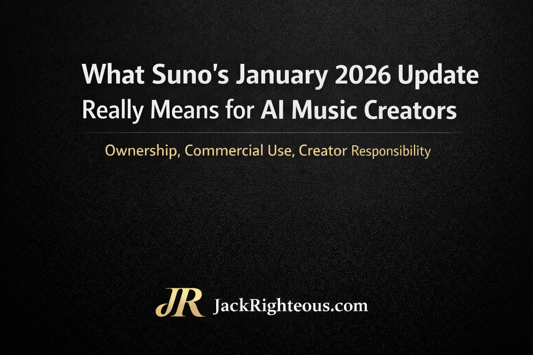 Minimalist editorial cover image titled “What Suno’s January 2026 Update Really Means for AI Music Creators,” discussing AI music ownership, commercial use rights, and creator responsibility, published by JackRighteous.com.