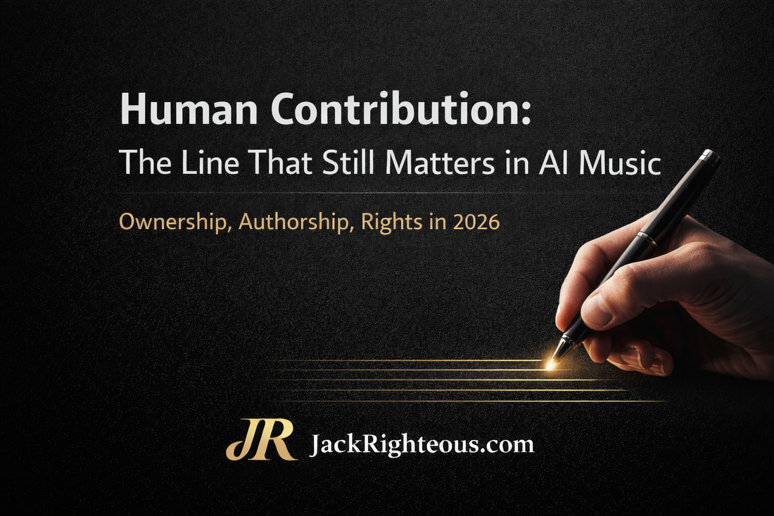 Editorial cover image illustrating human contribution in AI music, showing a hand drawing a precise line to represent authorship, ownership, and creative decision-making, titled “Human Contribution: What Still Matters in AI Music,” by JackRighteous.com.