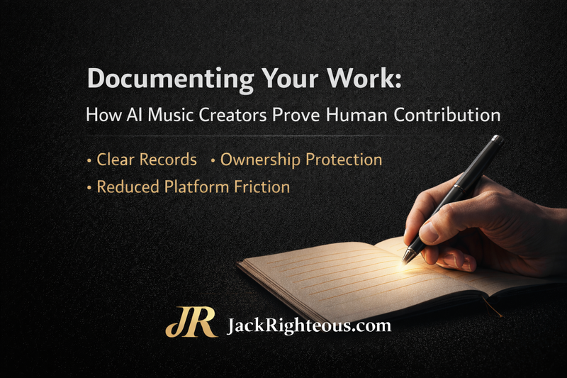Editorial cover image  music creation, representing how AI music creators record human contribution and protect ownership, titled “Documenting Your Work: How AI Music Creators Prove Human Contribution,” by JackRighteous.com.