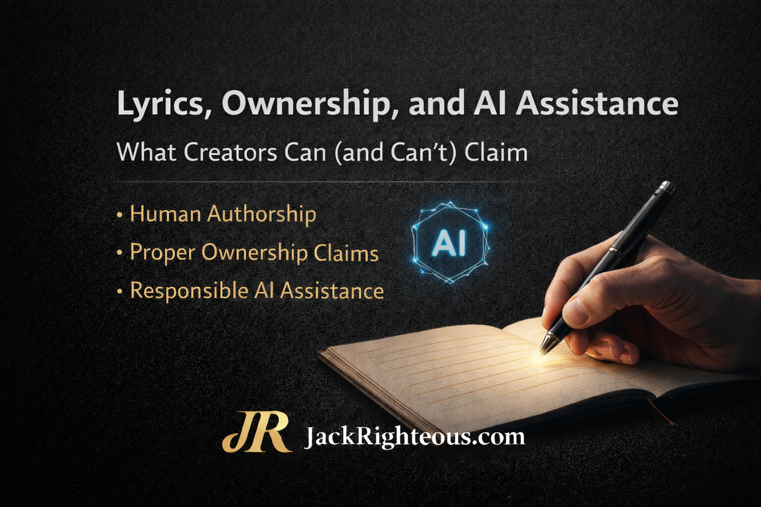 image illustrating lyric writing as human authorship in AI-assisted music, showing written lyrics on a page to represent ownership and creative control, titled “Lyrics, Ownership, and AI Assistance,” by JackRighteous.com